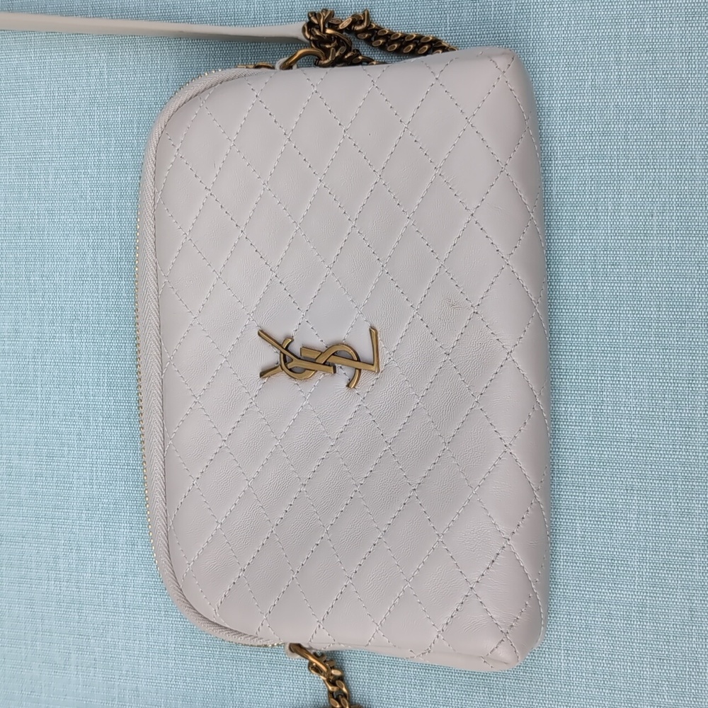 Saint Laurent Crema Soft Quilted Lambskin/Bronze Zipped Pouch